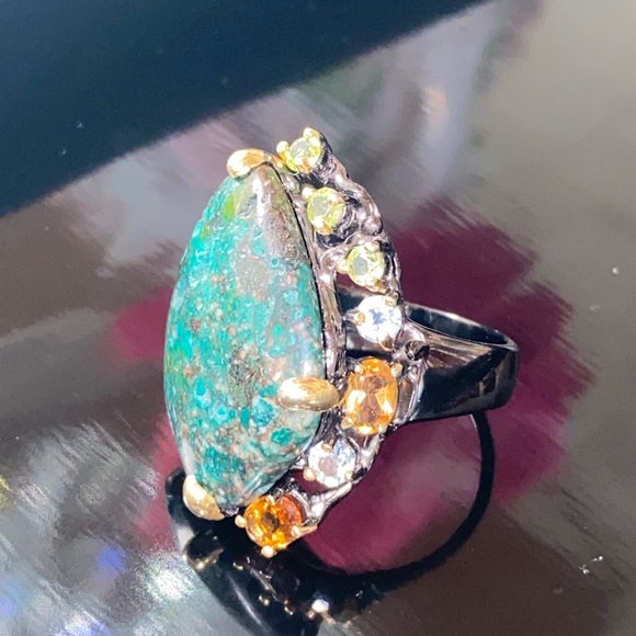 Mysterious Genuine Turquoise Ring with Gemstones - Picture 14 of 17